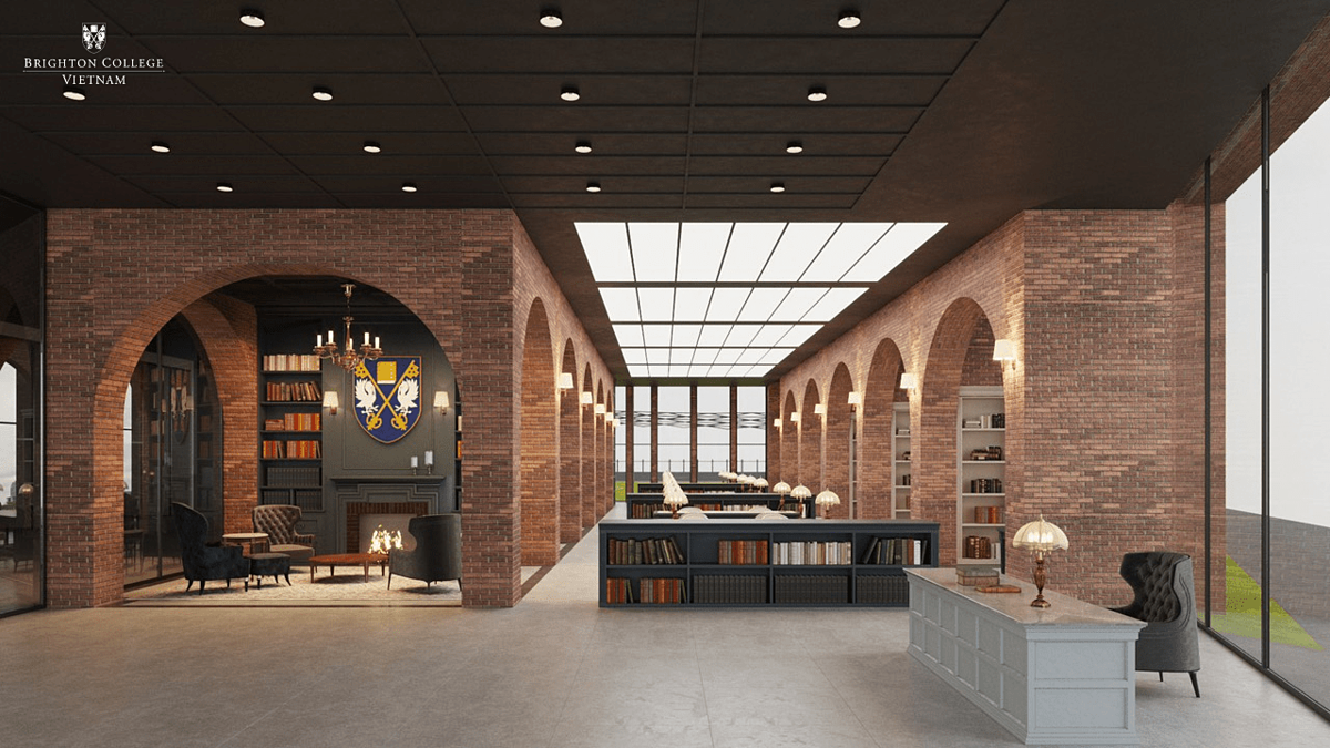 Thư viện của tòa Trung học mang phong cách kiến trúc pha cổ điển và hiện đại, với mục tiêu mang lại nguồn cảm hứng học tập và sáng tạo cho các em.