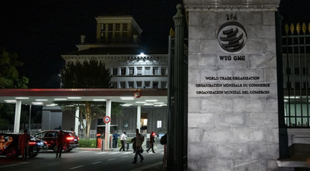 Các thành viên của phái đoàn xuất hiện tại lối vào của trụ sở WTO trong Hội nghị Bộ trưởng WTO lần thứ 12 tại Geneva vào ngày 17 tháng 6 năm 2022. Ảnh: AFP