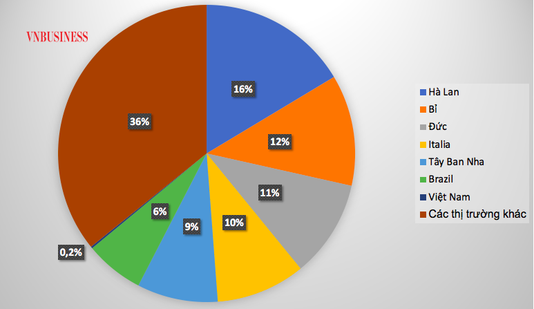 Tỷ trọng các thị trường cung cấp rau quả cho EU trong nửa đầu năm nay, Việt Nam chỉ chiếm 0,2% thị phần.