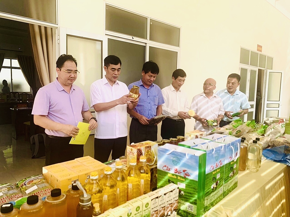 Các đồng chí lãnh đạo tỉnh và lãnh đạo các sở, ban, ngành tỉnh Yên Bái tìm hiểu các sản phẩm của các hợp tác xã, doanh nghiệp trên địa bàn tỉnh.