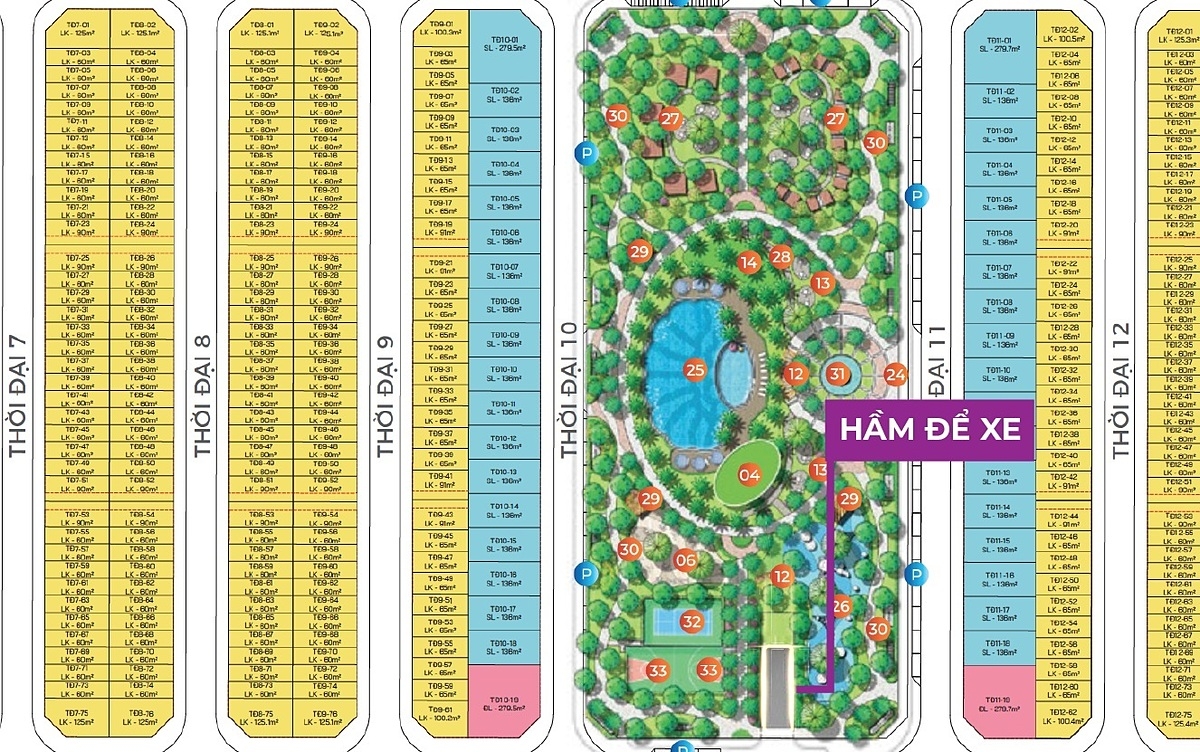 Hầm để xe 2 tầng tích hợp trong công viên sẽ hỗ trợ đắc lực cho hoạt động kinh doanh ở phân khu Thời Đại.