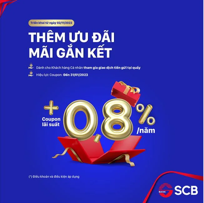 SCB tặng Coupon lãi suất 0,8%/năm dành cho Khách hàng gửi tiền tại quầy, lãi suất cao nhất lên tới 9,5%/năm.