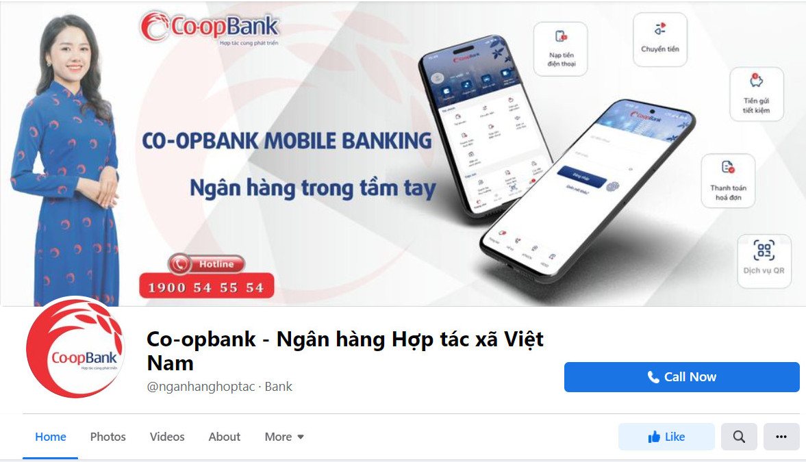 Fanpage Facebook Co-opBank có tên: Co-opBank - Ngân hàng Hợp tác xã Việt Nam và có thông điệp chính là: Co-opBank - Hợp tác cùng phát triển.