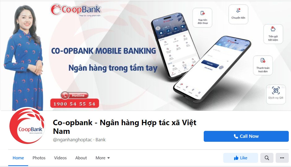 Fanpage Facebook Co-opBank có tên: Co-opBank - Ngân hàng Hợp tác xã Việt Nam và có thông điệp chính là: Co-opBank - Hợp tác cùng phát triển.