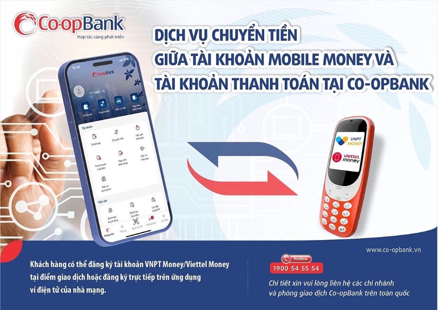 Co-opbank phối hợp với Napas triển khai dịch vụ chuyển tiền giữa tài khoản VNPT Money/Viettel Money và tài khoản thanh toán tại Co-opbank.