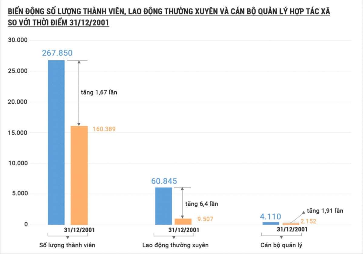 Biểu đồ thể hiện biến động số lượng thành viên, lao động thường xuyên và cán bộ quản lý HTX ở Nghệ An hiện nay so với thời điểm 31/12/2001.