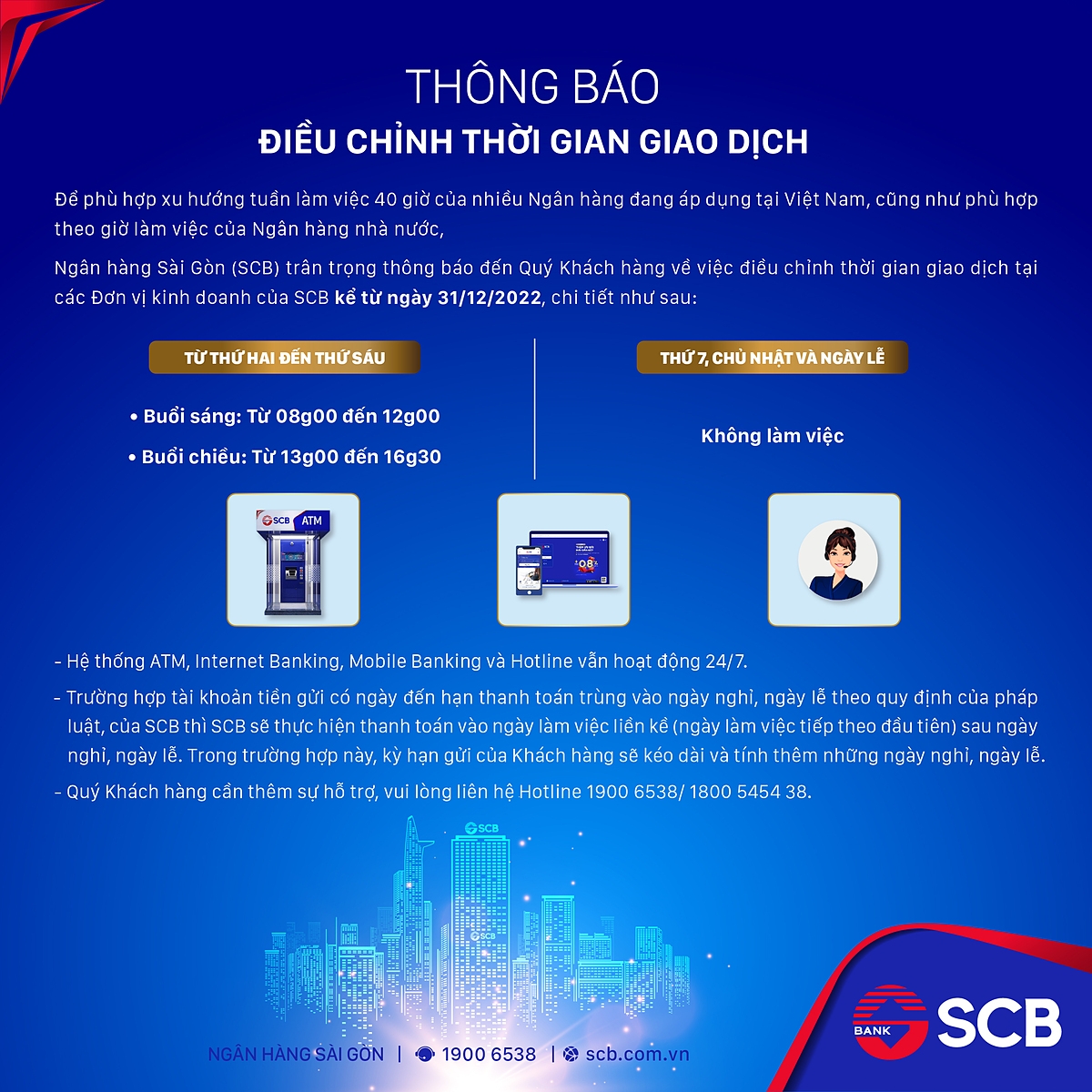 SCB điều chỉnh thời gian giao dịch tại các đơn vị kinh doanh.