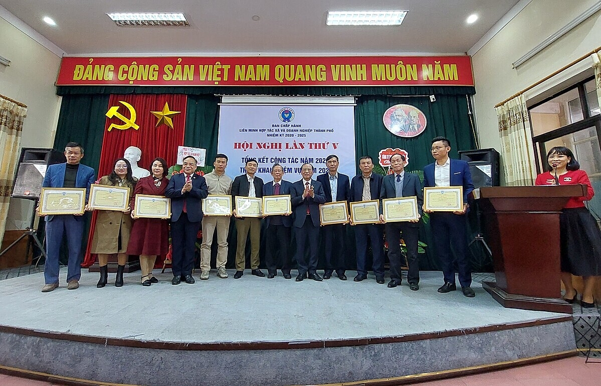 Các tập thể có thành tích xuất sắc nhận giấy khen từ lãnh đạo Liên minh HTX và Doanh nghiệp thành phố Hải Phòng.