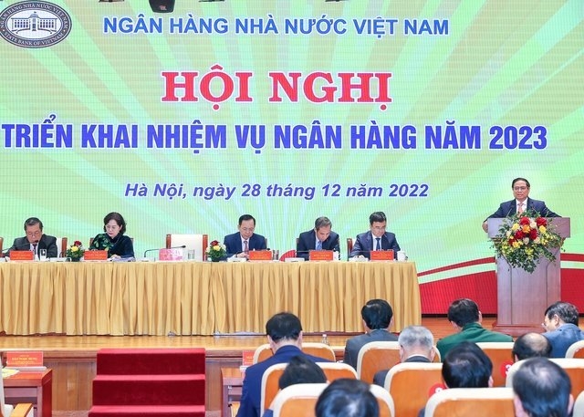 Thủ tướng Phạm Minh Chính phát biểu chỉ đạo tại Hội nghị triển khai nhiệm vụ ngân hàng năm 2023.