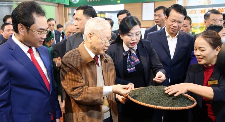 Tổng Bí thư Nguyễn Phú Trọng thăm Hợp tác xã chè Hảo Đạt trong chuyến làm việc tại Thái Nguyên ngày 10/1/2023.