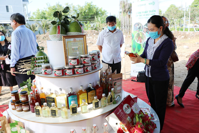 Một số thực phẩm, đồ uống chế biến từ trái cây của HTX bưởi da xanh Bến Tre thu hút người tiêu dùng.