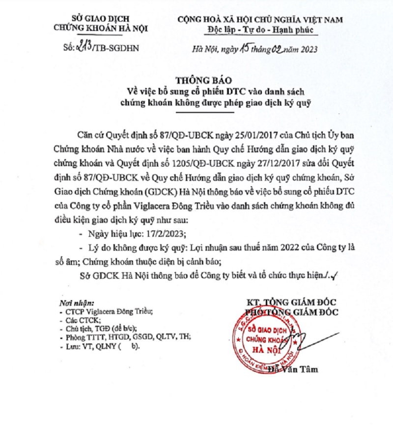 Thông báo của Sở giao dịch Chứng khoán Hà Nội.