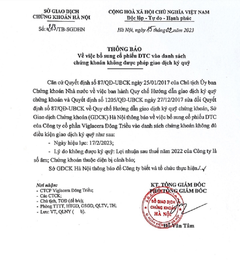 Thông báo của Sở giao dịch Chứng khoán Hà Nội.