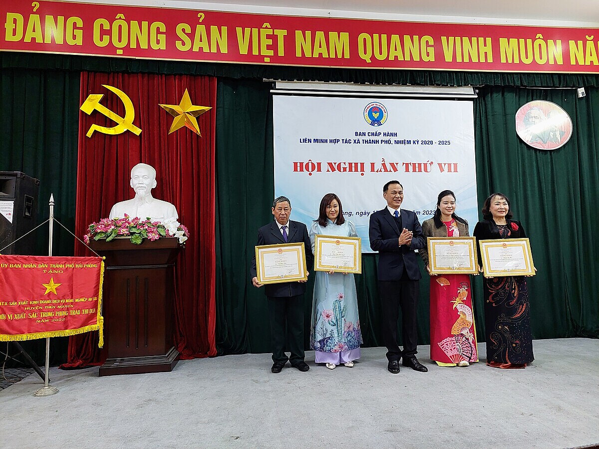 Phó Chủ tịch Liên minh HTX Việt Nam Nguyễn Mạnh Cường trao tặng bằng khen cho các tập thể, cá nhân.