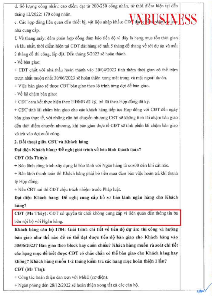 Tại biên bản cuộc họp ngày 10/10/2022 giữa đại diện chủ đầu tư và 30 khách hàng, đại diện chủ đầu tư từ chối cung cấp hồ sơ bảo lãnh ngân hàng cho khách hàng với lý do thông tin ba bên nội bộ với ngân hàng.