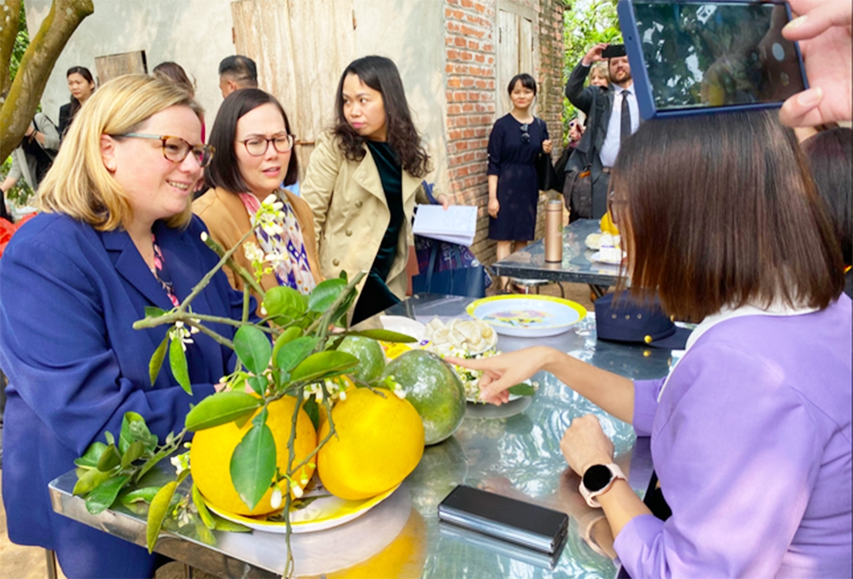 Thứ trưởng Nông nghiệp Hoa Kỳ thưởng thức bưởi tại HTX bưởi an toàn Quế Dương tháng 2/2023 (Ảnh: Thu Loan).