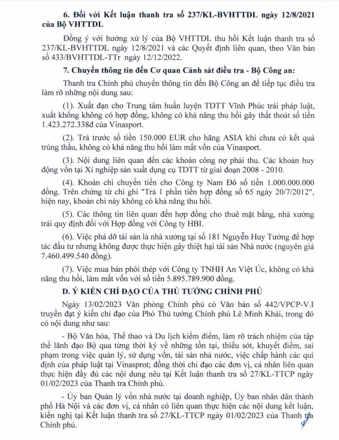 7 nội dung TTCP chuyển tới Bộ Công an để làm rõ việc gây thất thoát vốn nhà nước tại Vinasport.