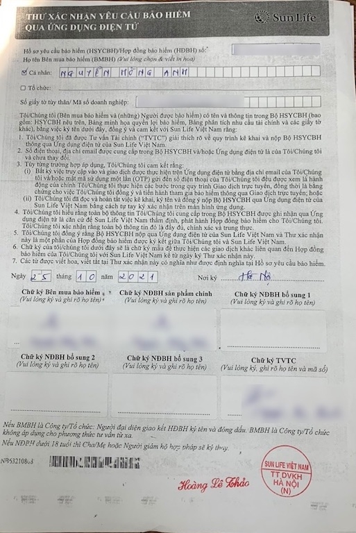 Hồ sơ mua bảo hiểm nhân thọ của khách hàng Nguyễn Hồng Anh tại TPBank.