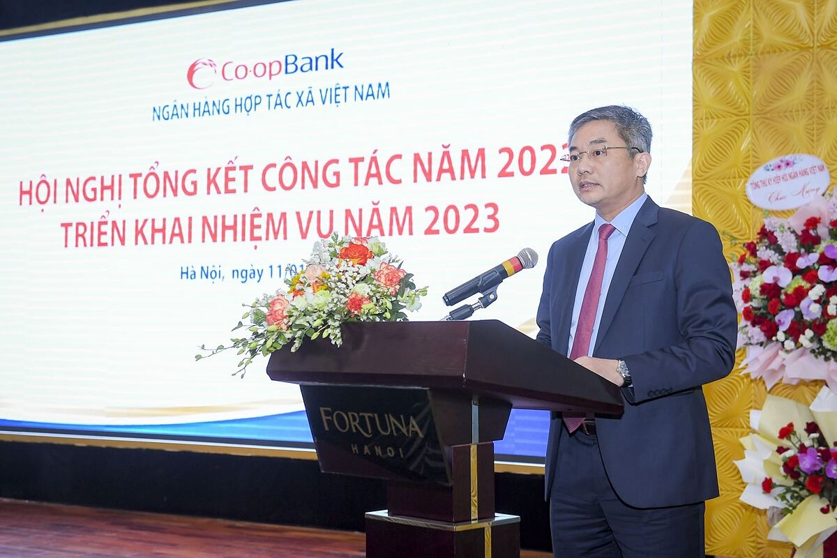 Ông Nguyễn Quốc Cường - Chủ tịch HĐQT Co-opBank phát biểu tại Hội nghị triển khai nhiệm vụ 2023 của Co-opBank.