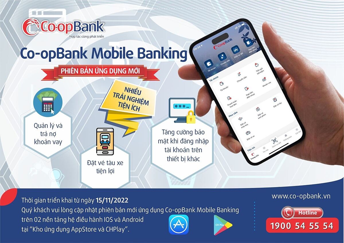Co-opBank sẽ cập nhật phiên bản mới ứng dụng Ngân hàng số Co-opBank Mobile Banking trên 02 nền tảng hệ điều hành IOS và Android tại “Kho ứng dụng AppStore và CHPlay” từ 15/11.