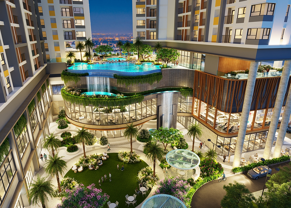 Thác nước tràn thiết kế giật tầng ấn tượng tại 9X An Sương. Phối cảnh: Hưng Thịnh Land.