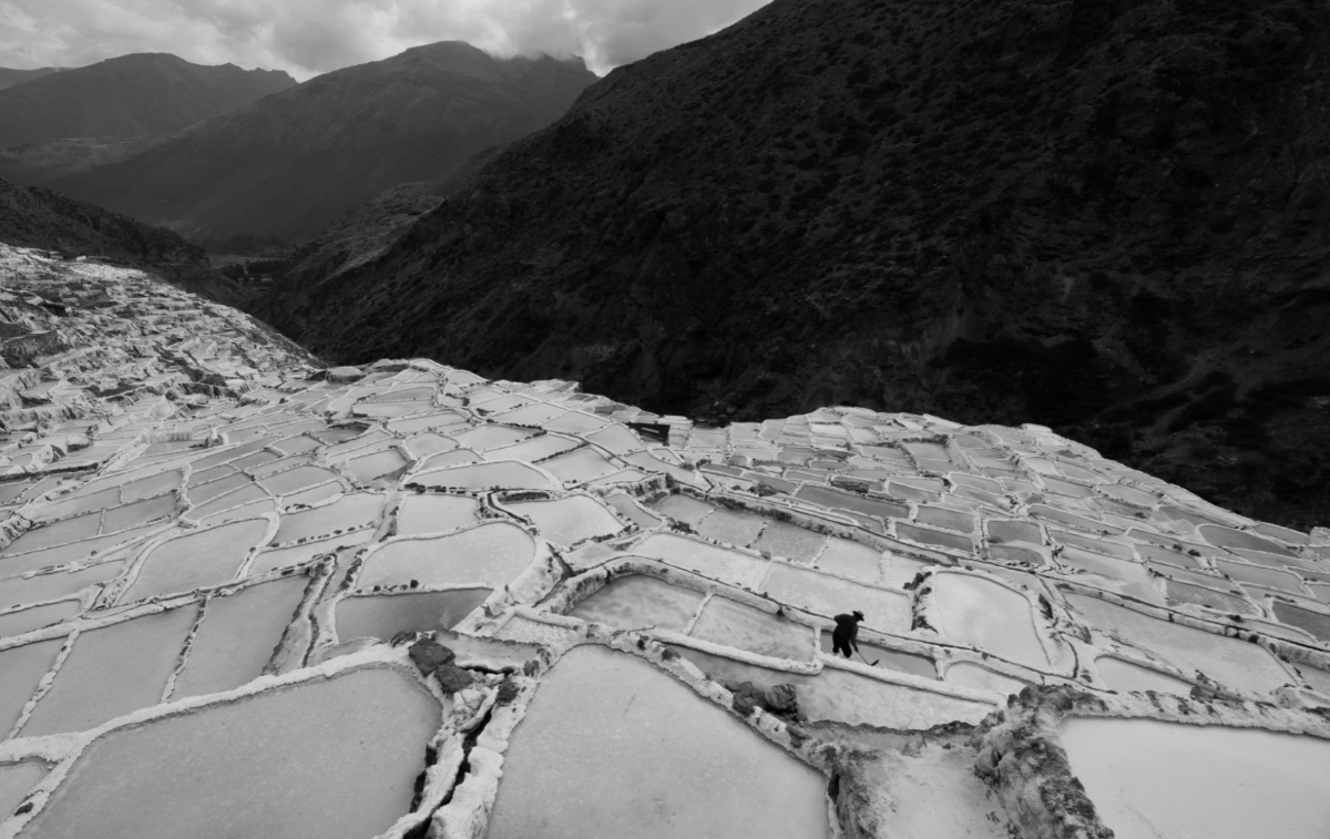 PêruGiếng muối trên sườn đồi ở Mỏ muối Maras ở Peru. Một người khai thác muối đơn độc sử dụng cào gỗ để lấy muối từ sườn đồi tại Mỏ muối Maras của Peru trong bức ảnh này do An Li chụp. Các mỏ bao gồm khoảng 4.500 giếng muối, mỗi giếng sản xuất khoảng 400 pound muối mỗi tháng.