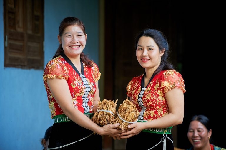 Chị Lò Thị Nguyễn &lpar;trái&rpar; – Giám đốc HTX Măng sạch Xuân Nha.