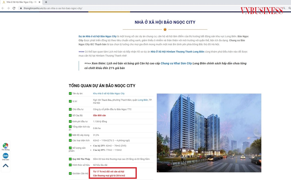 Các trang web đang rao bán công khai dự án với giá từ 17tr/m2 tới 28tr/m2.