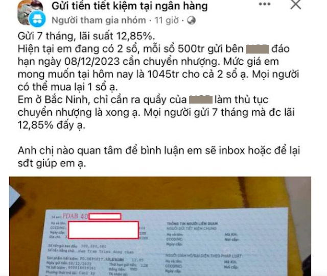 Nhu cầu chuyển nhượng sổ tiết kiệm ra tăng trên các trang mạng.