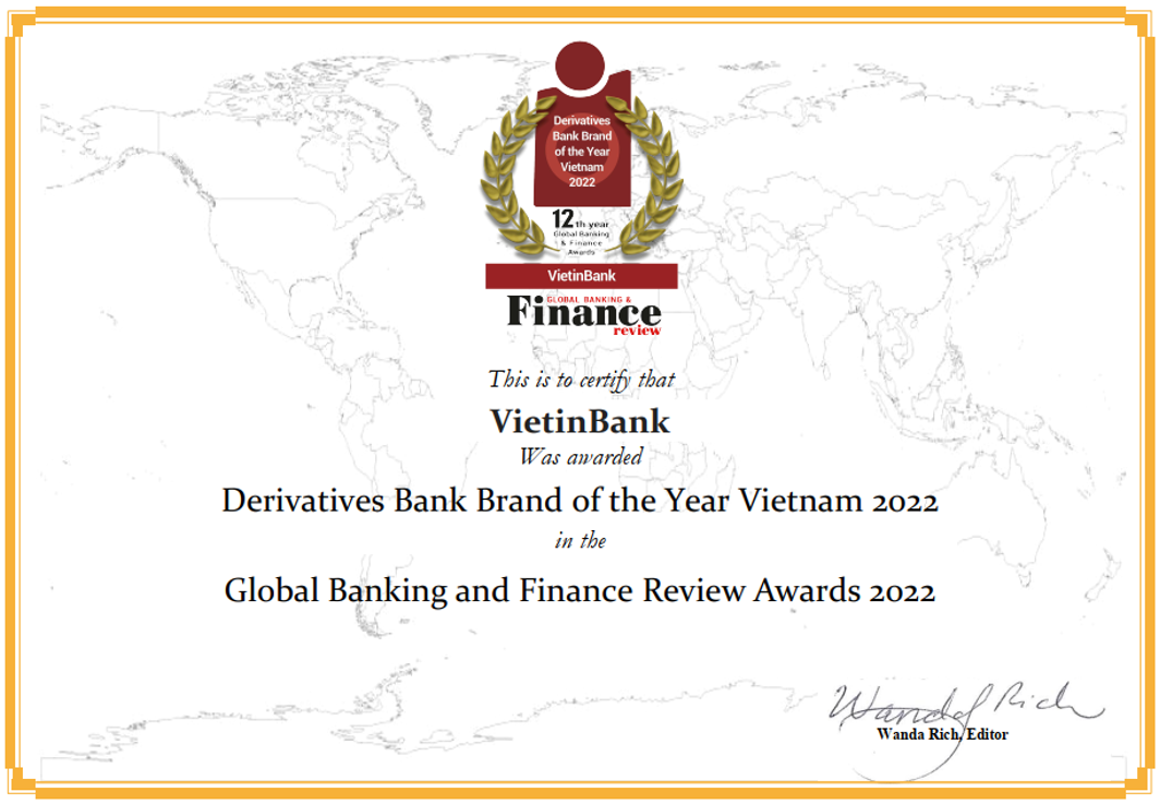 VietinBank được vinh danh Ngân hàng tiêu biểu về cung ứng sản phẩm phái sinh tại Việt Nam năm 2022.