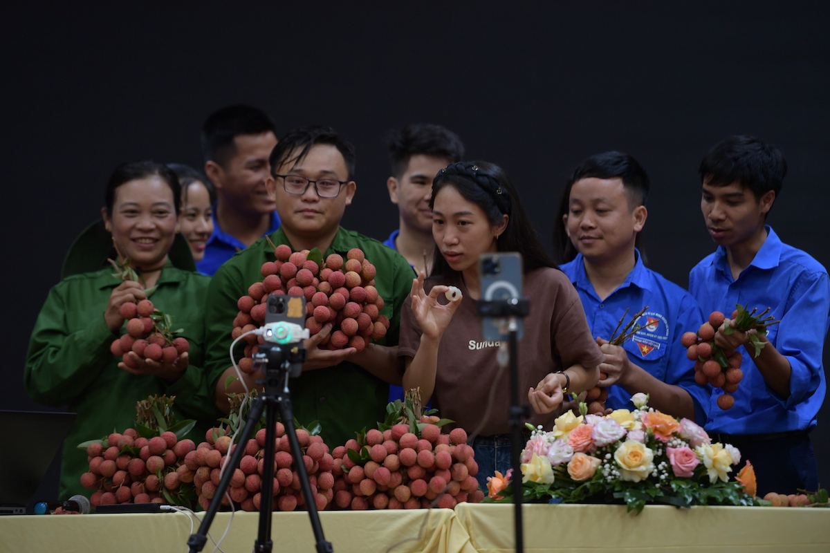 Các KOL trên mạng xã hội livestream bán vải thiều.
