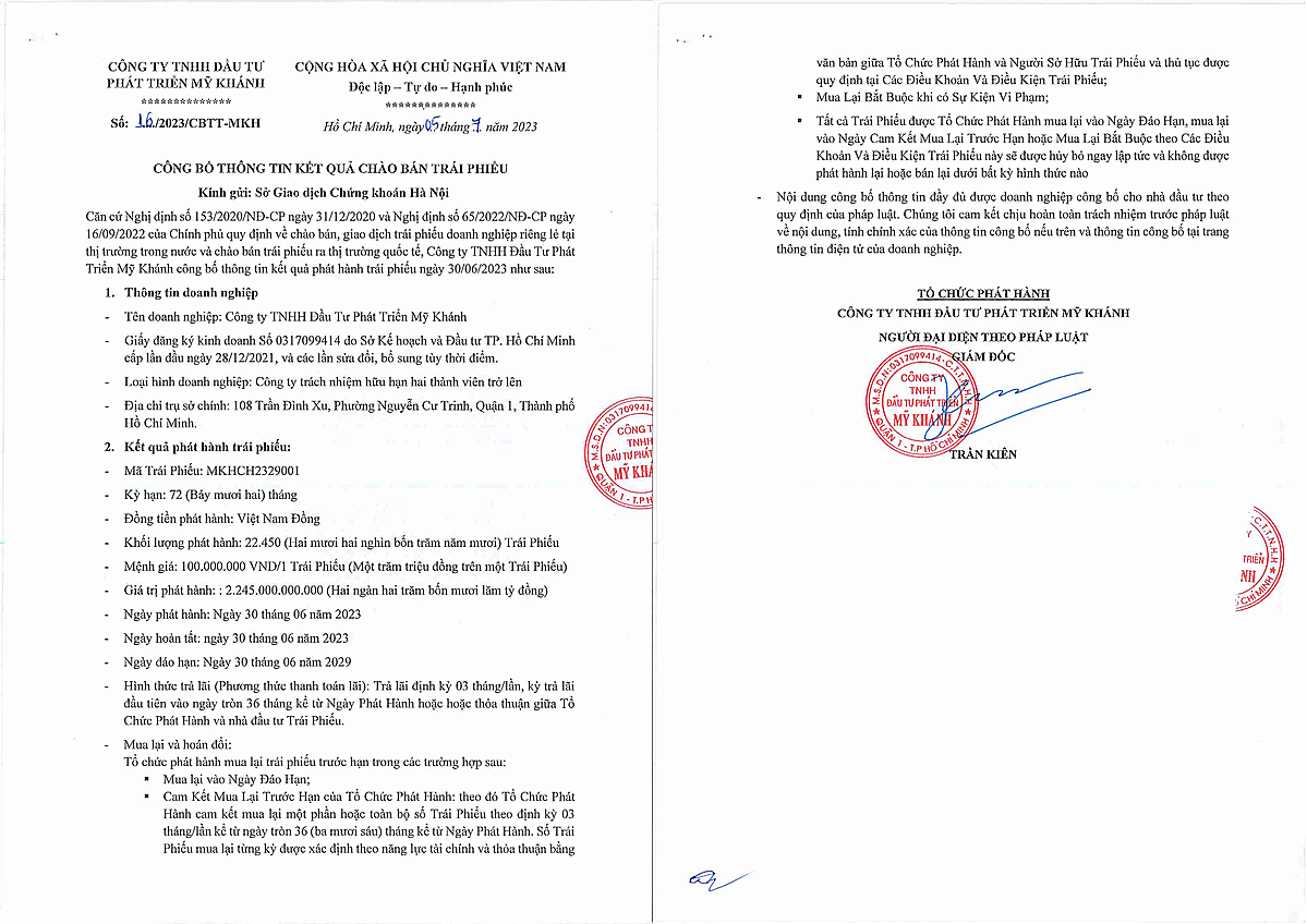 Công ty Mỹ Khánh vừa huy động thành công 2.245 tỷ đồng từ trái phiếu.