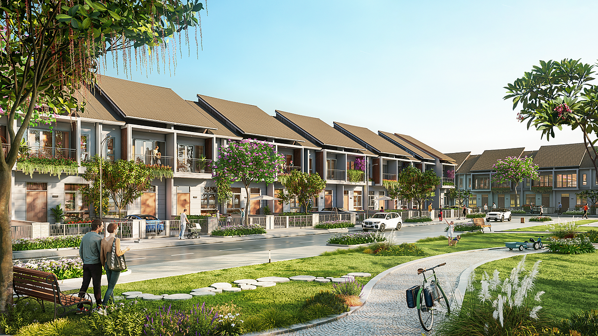 Nhà phố đều được thiết kế 3 tầng, gồm 1 trệt và 2 lầu, có khoảng lùi trước 5m và phía sau từ 3 - 4,5m để tối đa hóa không gian, tận dụng làm sân vườn, nơi thư giãn hoặc để xe hơi.