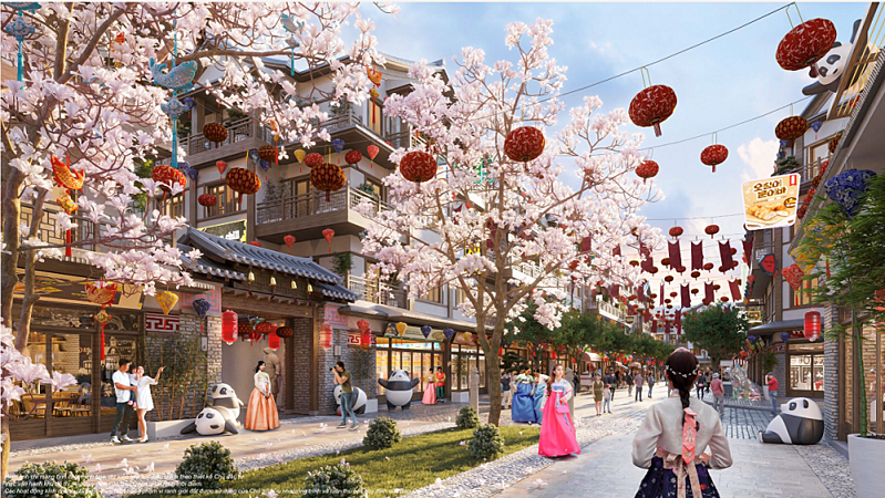 Hàng trăm căn shop được chia thành 2 khu phố, 1 bên là phố Venice mang phong cách châu Âu, kiến trúc cổ điển sang trọng, 1 bên là phố Hàn &lpar;K Town&rpar; mang phong cách châu Á.