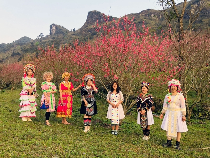 Du khách đến chụp ảnh tại các vườn đào ở Ngân Sơn mỗi dịp trước, trong và sau Tết Nguyên đán.