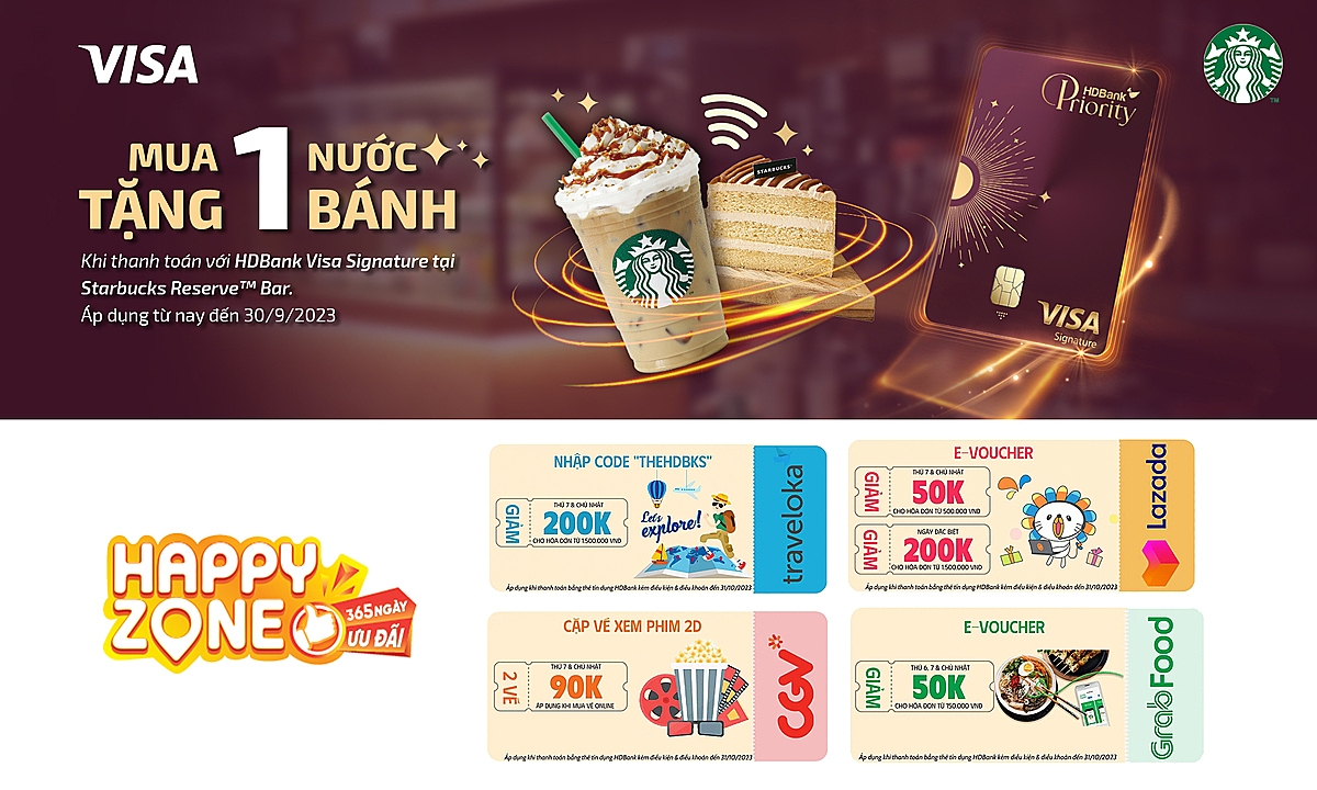 Từ nay đên 30/9/2023, Mua 1 nước – Tặng 1 bánh cho khách hàng thanh toán bằng thẻ tín dụng HDBank Priority – Tinh Tú Phương Đông.