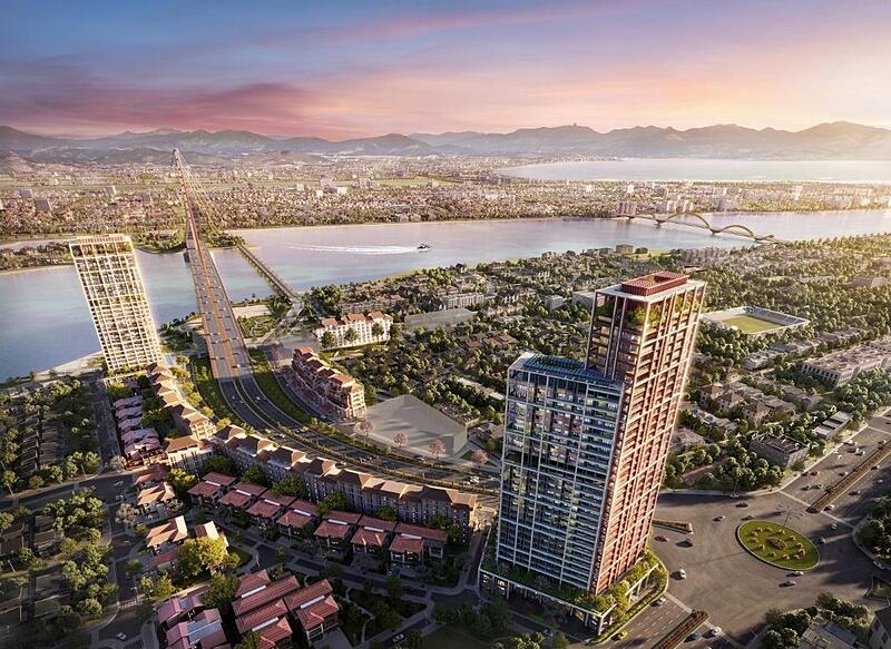 Kề cận sông Hàn, kiến trúc Sun Cosmo Residence Da Nang khai thác tối ưu lợi thế vị trí. Ảnh phối cảnh minh họa.