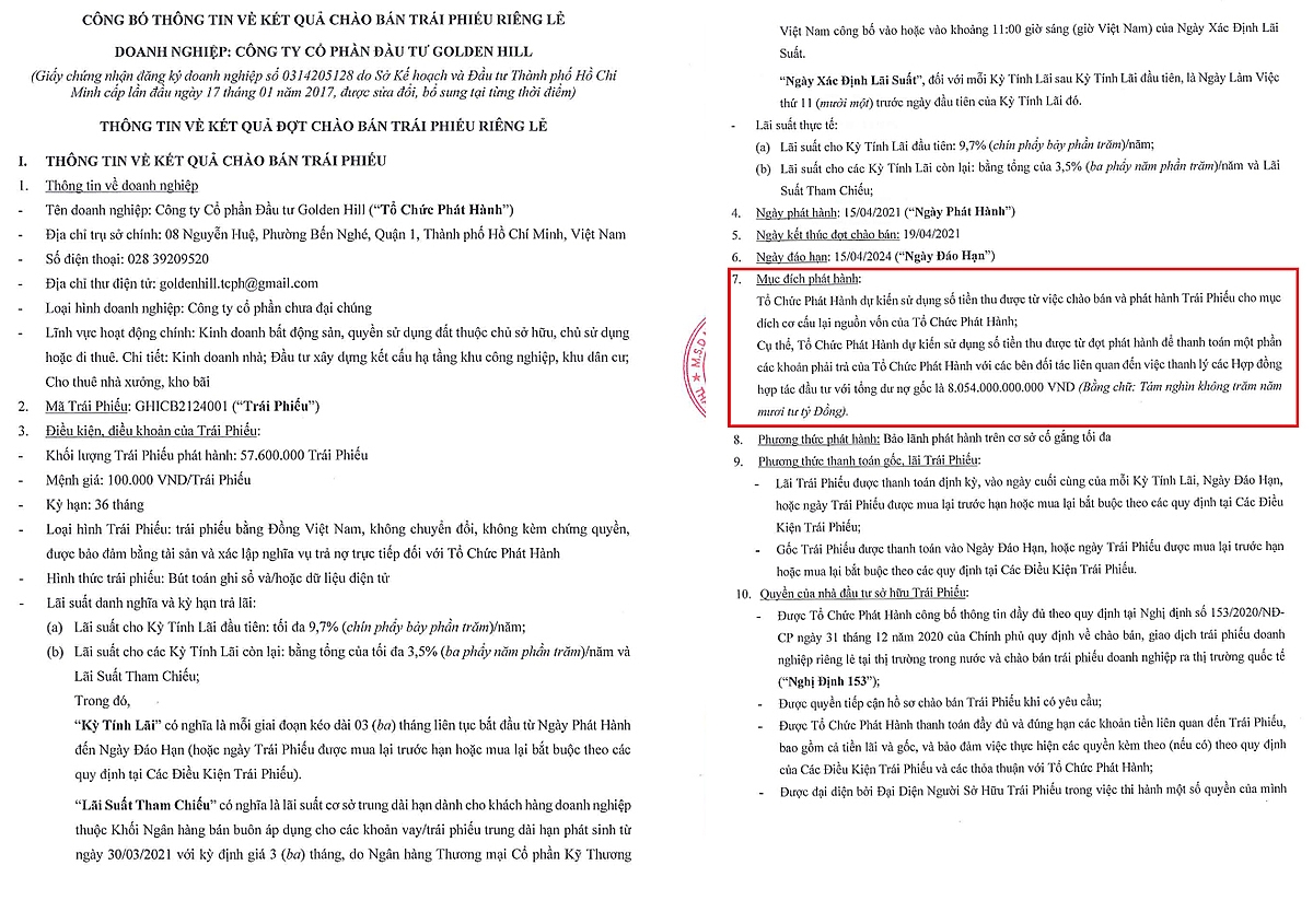 Công bố kết quả chào bán trái phiếu doanh nghiệp của Công ty Golden Hill - Nguồn: Cbons.