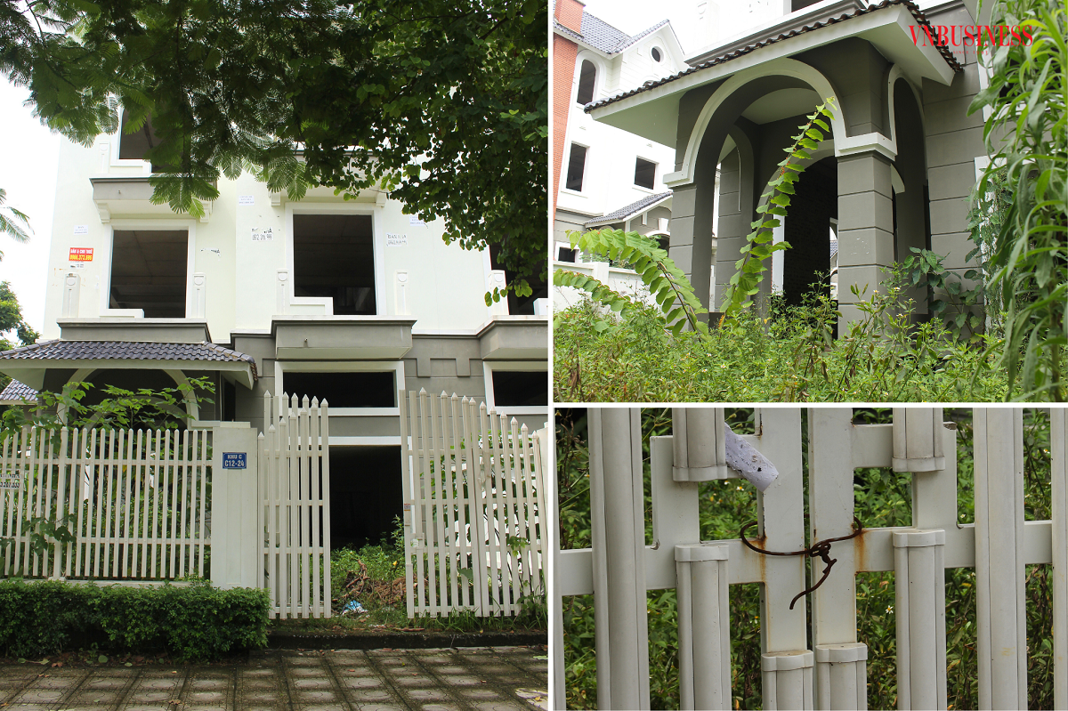Không ít căn biệt thự do lâu ngày không có người sinh sống nên cỏ mọc um tùm, che kín lối ra vào.