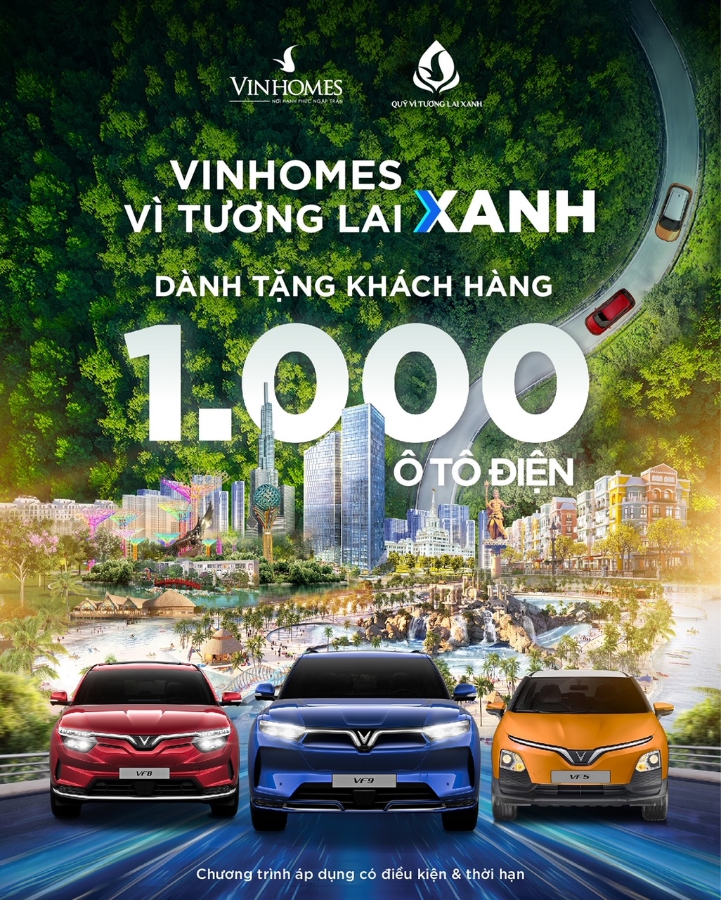 Vinhomes đưa ra chính sách tặng 1000 xe ô tô điện VinFast cho khách hàng đặt mua các sản phẩm căn hộ và biệt thự kể từ ngày 26/8/2023 đến hết tháng 9/2023.