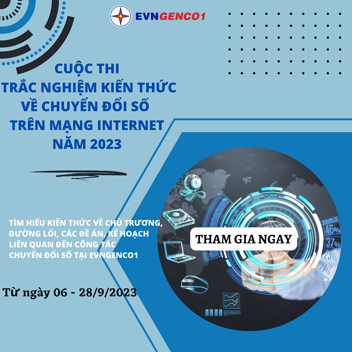 EVNGENCO1 tổ chức cuộc thi Trắc nghiệm kiến thức về chuyển đổi số trên mạng internet năm 2023.