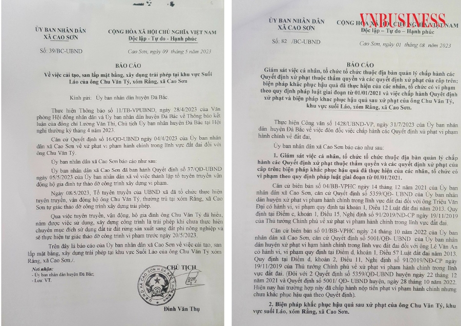 Các báo cáo của UBND xã Cao Sơn gửi UBND huyện Đà Bắc liên quan tới vi phạm tại khu vực này.