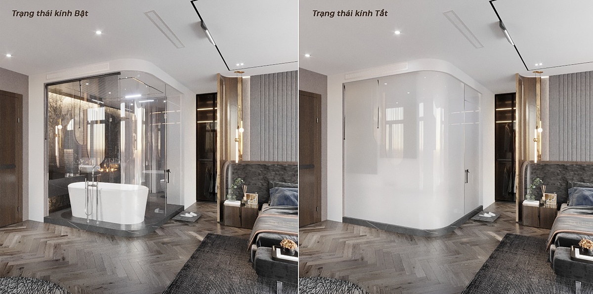 Vách kính điện đổi màu cấu tạo gồm hai lớp kính và lớp phim điện ở giữa. Khi điện được bật, các phân tử tinh thể lỏng xếp thành hàng, cho phép ánh sáng đi qua và tấm film trở nên trong suốt. Khi tắt nguồn, các phân tử tinh thể lỏng được định hướng ngẫu nhiên làm tán xạ, cản trở ánh sáng đi qua và tấm film trở nên mờ đục.