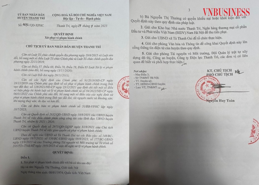 Quyết định xử phạt vi phạm hành chính của UBND huyện Thanh Trì.
