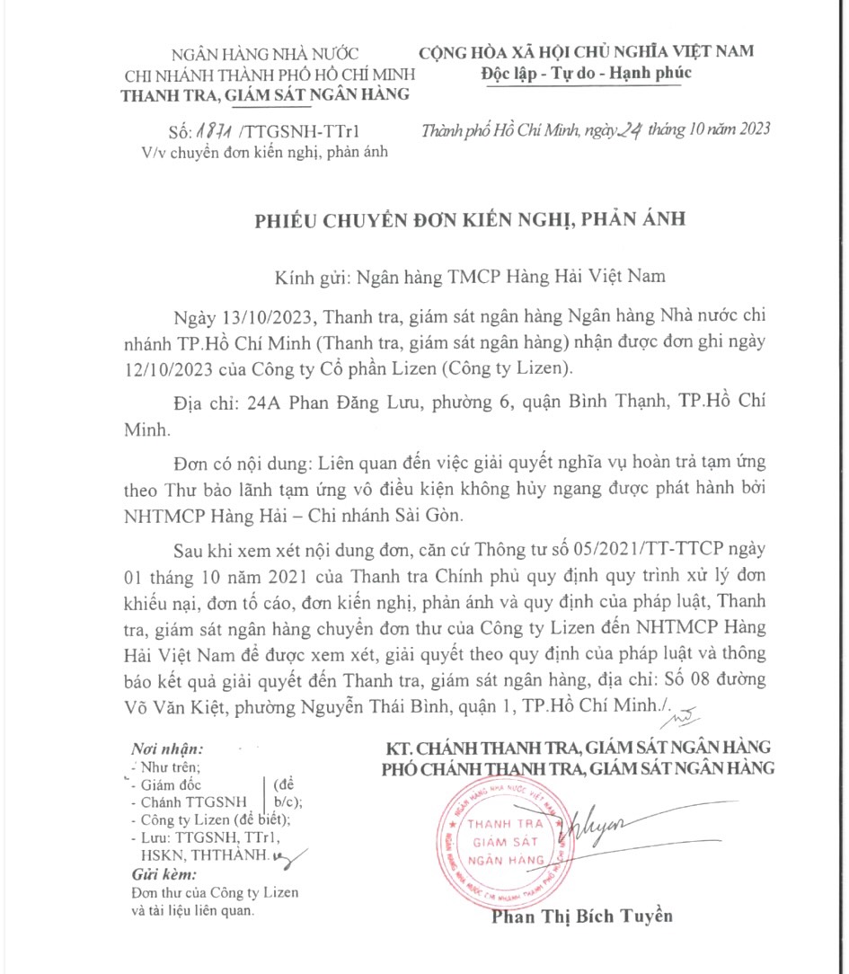 Thanh tra, giám sát Ngân hàng Nhà nước yêu cầu Ngân hàng MSB xem xét giải quyết vụ việc liên quan đến Công ty Lizen.