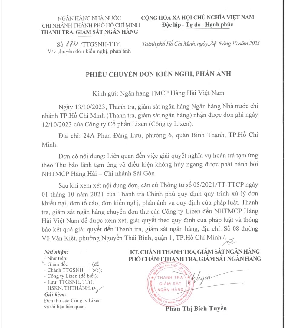 Thanh tra, giám sát Ngân hàng Nhà nước yêu cầu Ngân hàng MSB xem xét giải quyết vụ việc liên quan đến Công ty Lizen.