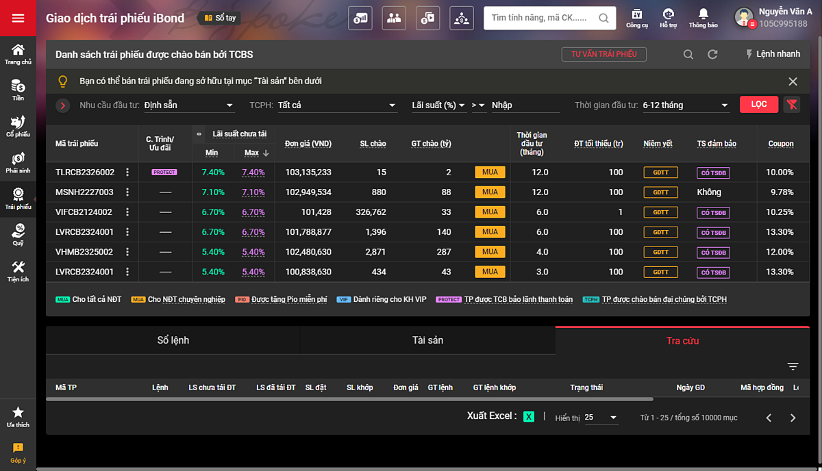 Các mã trái phiếu Dòng tiền định sẵn đang được TCBS chào bán trên TCInvest.