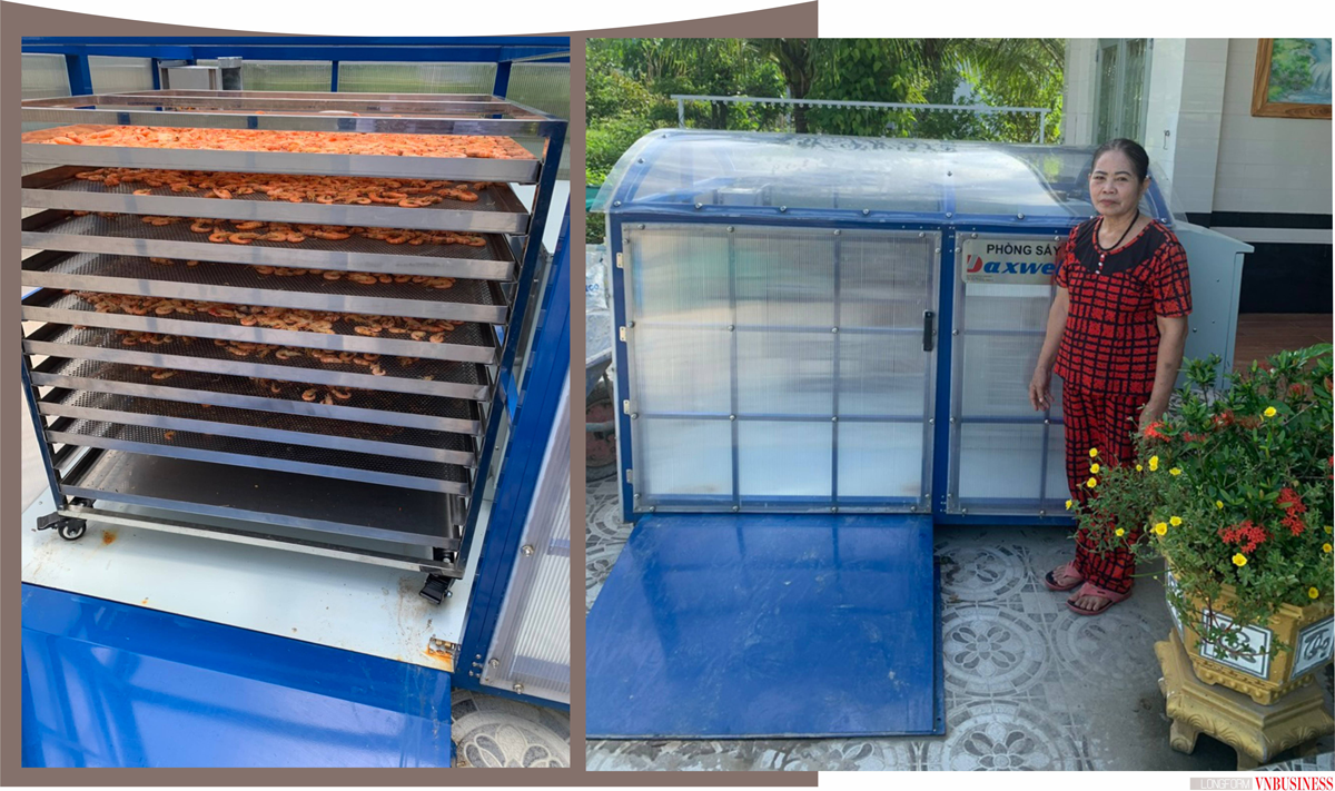 Bà Trần Thúy Sang bên chiếc máy sấy tôm sử dụng năng lượng mặt trời.