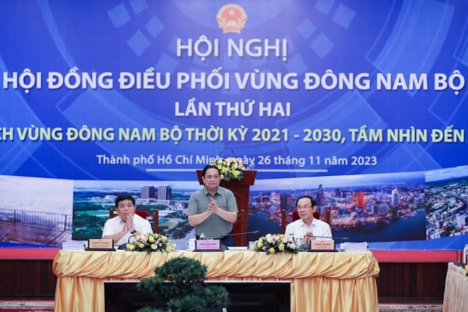 Thủ tướng Phạm Minh Chính - Chủ tịch Hội đồng điều phối vùng Đông Nam Bộ chủ trì Hội nghị lần thứ 2 của Hội đồng &lpar;Ảnh: VGP&rpar;.