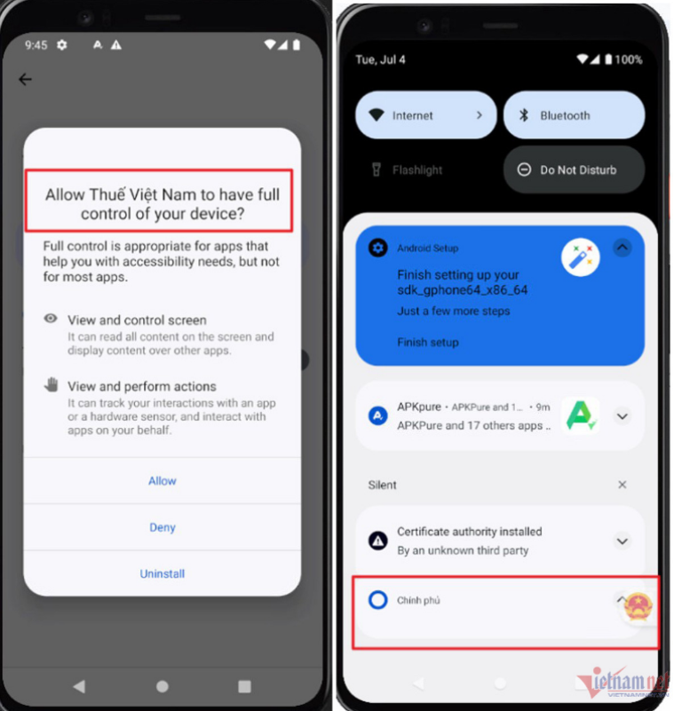 Ứng dụng giả mạo, độc hại như: Tổng cục Thuế, Chính phủ. &lpar;Ảnh: ITN&rpar;